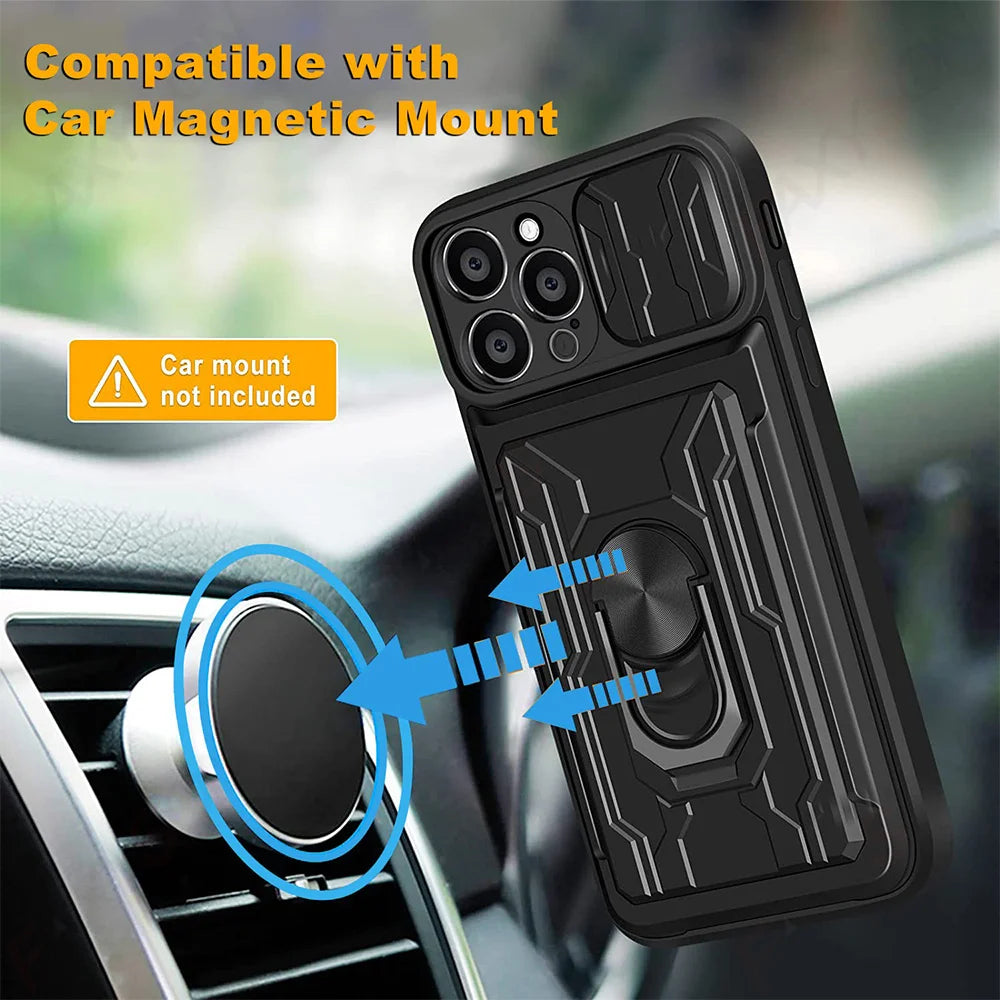 Military Grade Magnetic Case – Slide Camera Cover, Card Slot, 360° Ring Stand for iPhone Models