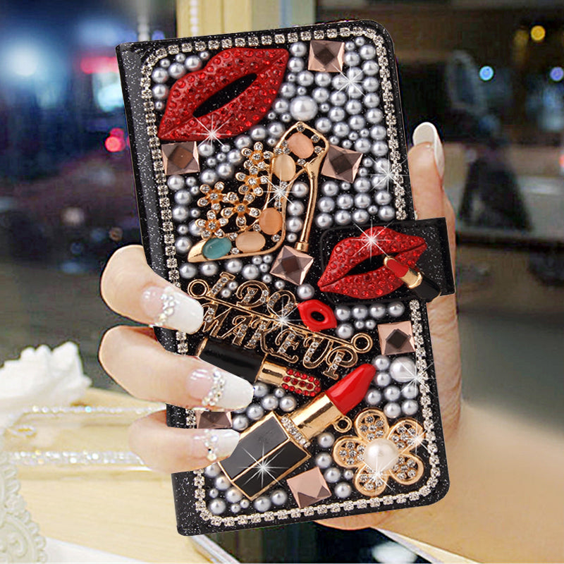 Luxury Bling Diamond Lipstick Wallet iPhone Case Flip Leather Cover with Card Slots, Rhinestone Design, Shockproof Protection