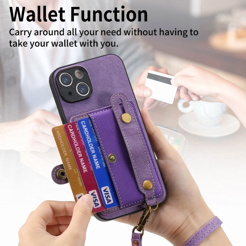 Luxury PU Leather Wallet Case with Wrist Strap – Stand Function, Card Holder, and Shockproof Protection for Secure and Stylish Convenience