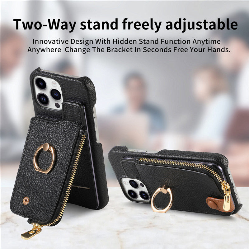 Luxury Leather Zipper Wallet Phone Case – Card Holder, Ring Kickstand, Shockproof Cover for iPhone Models