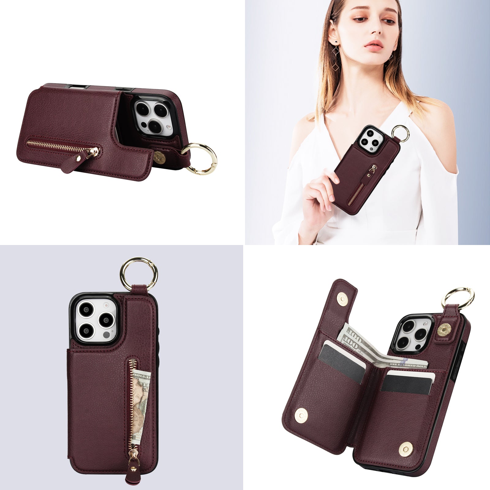 Luxury Zipper Wallet Leather Phone Case – Card Holder, Ring Stand, Shockproof Protection, and Crossbody Design for Secure & Stylish Convenience