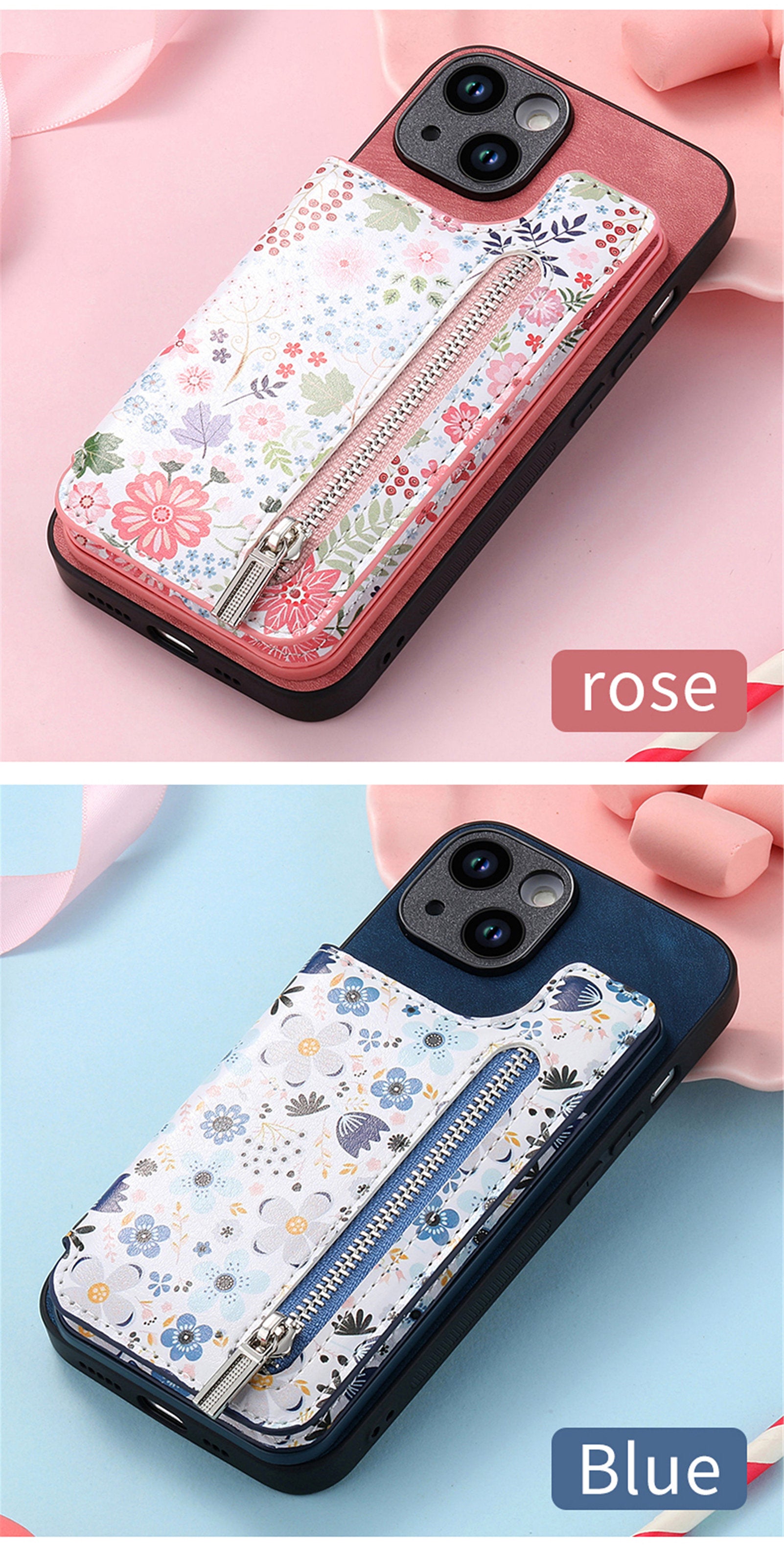 Zipper Card Slot Wallet Case – Magnetic Closure, Purse Pocket, Floral Design, Shockproof Protective Cover for iPhone