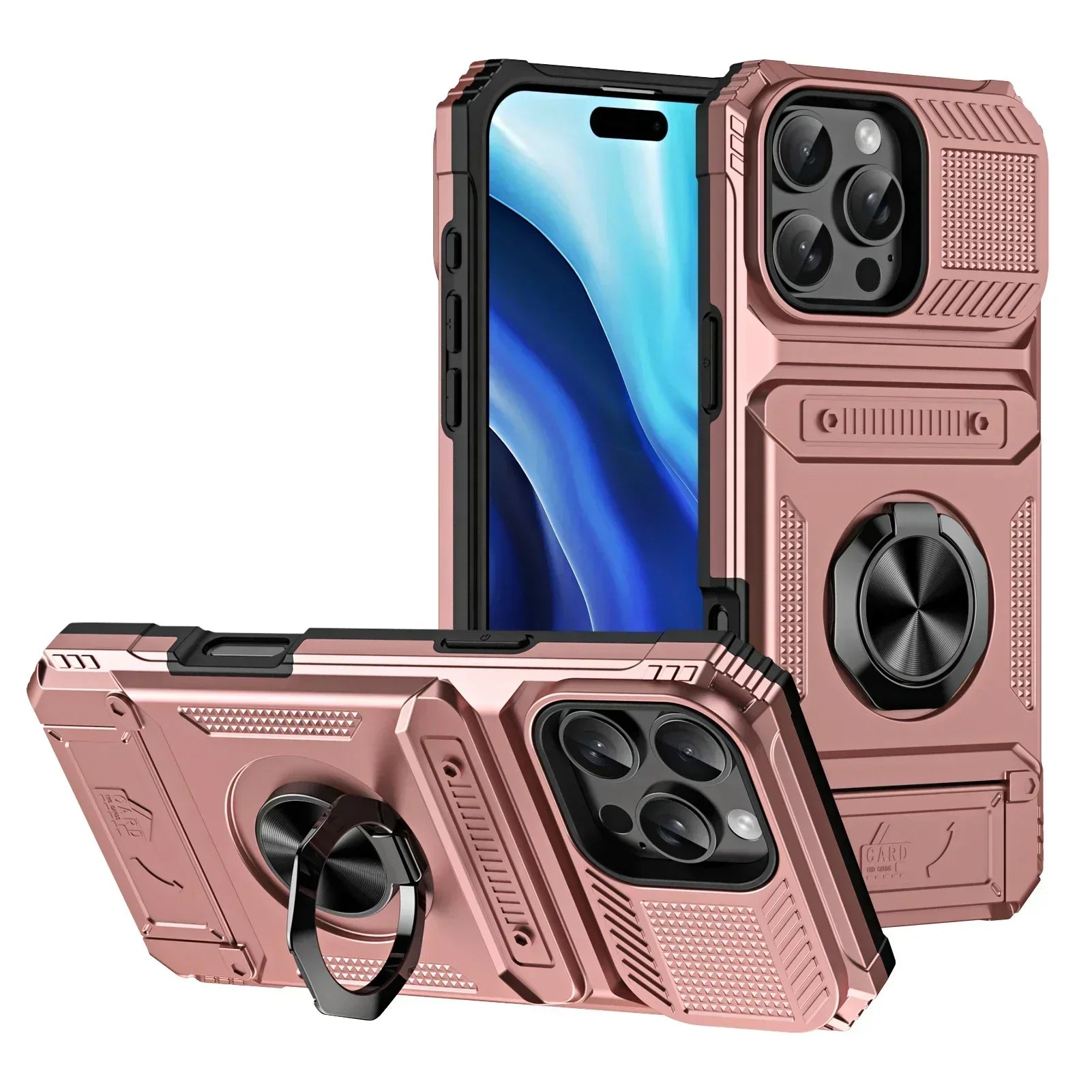 Magnetic Card Holder iPhone Case – Rotating Ring Kickstand, Heavy-Duty Shockproof Wallet Cover for iPhone Models