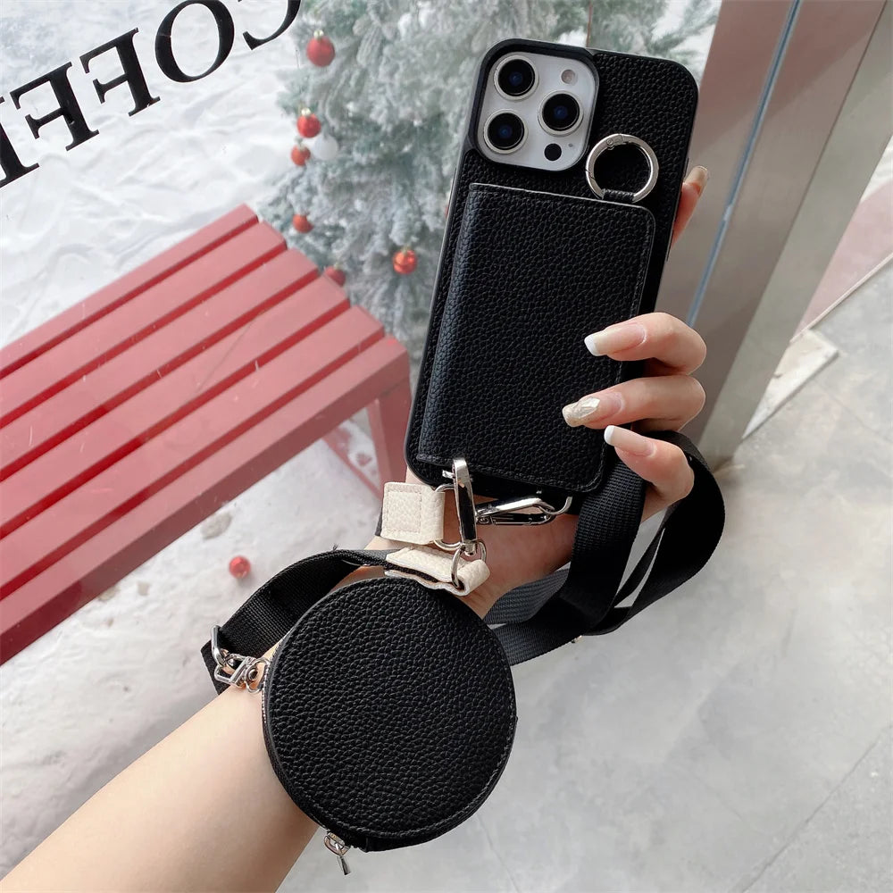 Luxury Crossbody Wallet Coin Purse Phone Case for iPhone 16, 15, 14, 13, 12, 11 Pro Max – Card Pocket Holder, Lanyard Leather Cover