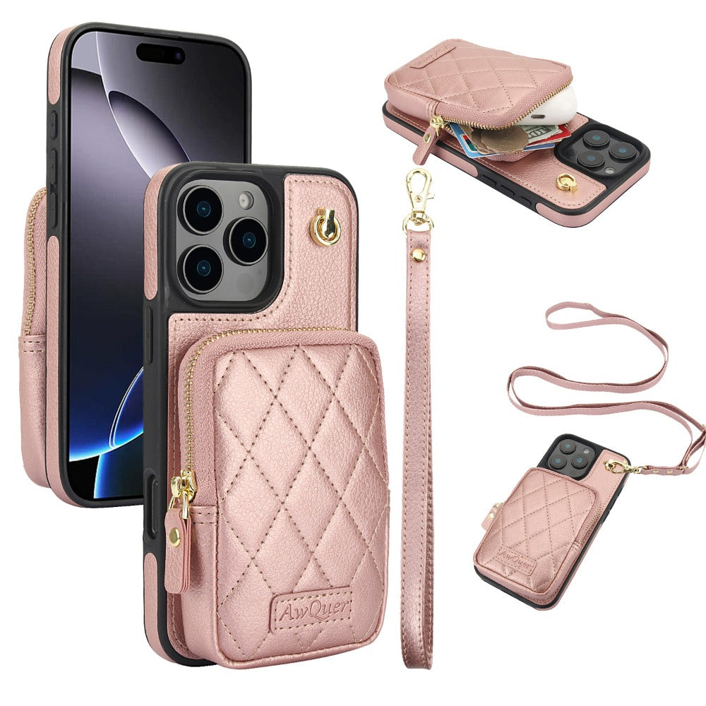 Luxury Crossbody Lanyard Phone Case – Zipper Wallet Leather Cover with Card Holder, Shoulder Strap, and Full Protection for iPhone Models