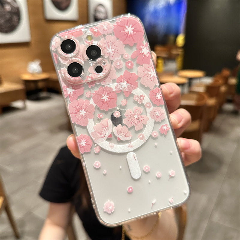 Transparent Floral MagSafe Case - Clear Shockproof Phone Cover with Magnetic Wireless Charging Compatibility Case for iPhone