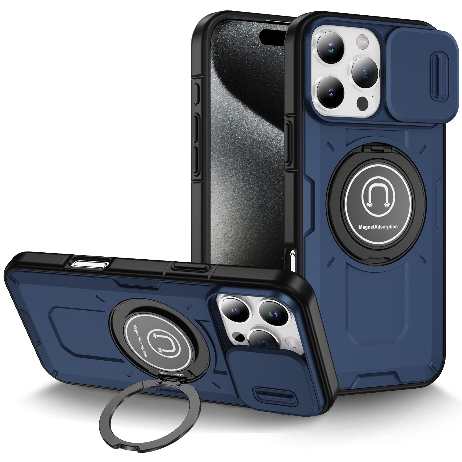 Slide Camera Ring Stand Armor Case – Anti-Fall Protection Kickstand Cover for iPhone Models