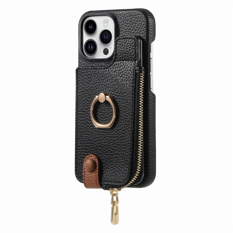 Luxury Leather Zipper Wallet Phone Case – Card Holder, Ring Kickstand, Shockproof Cover for iPhone Models