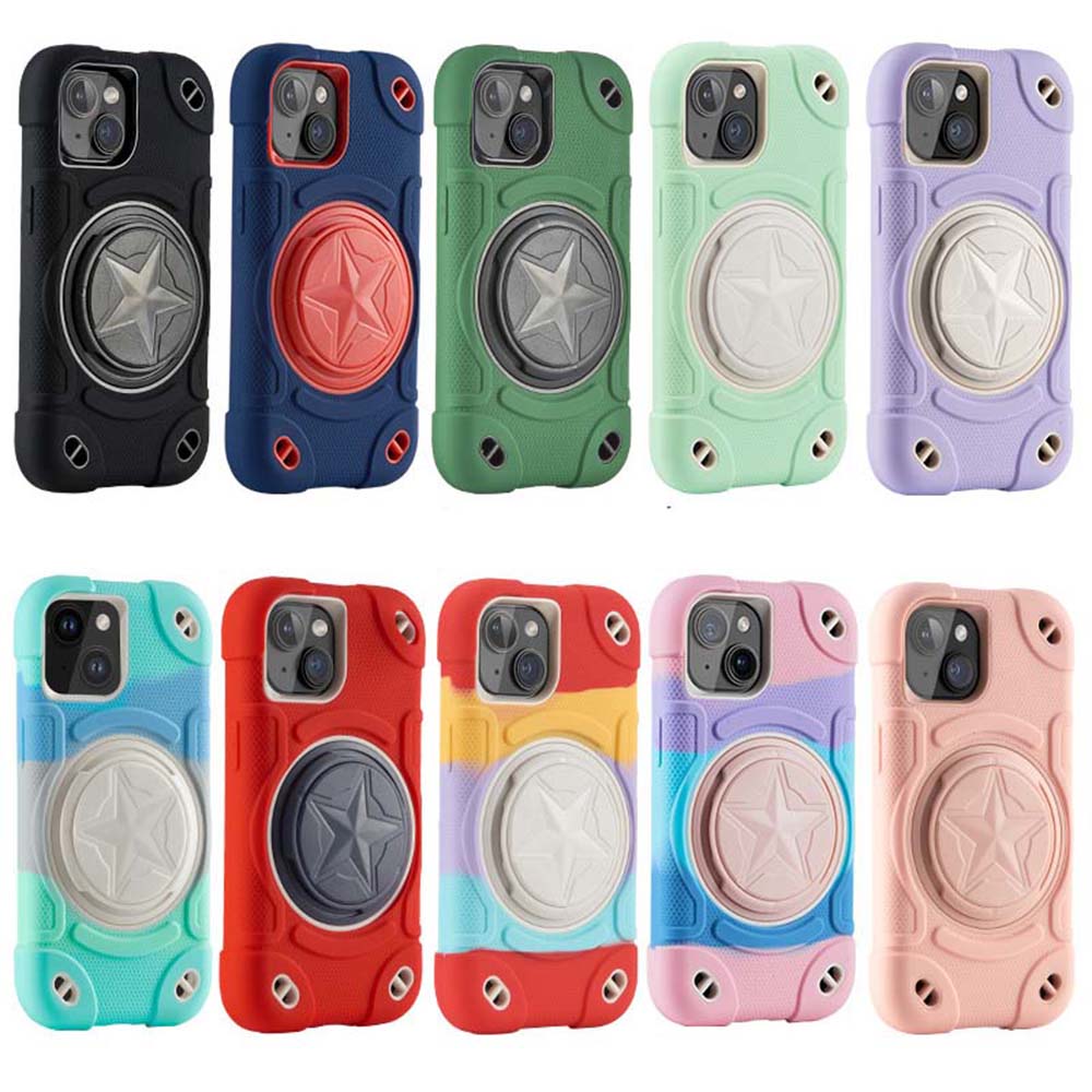 Shield Rotating Ring Rugged Stand Case – Five-Pointed Star Design, Macaron Color Bumper Cover, Durable Protection for iPhone Models