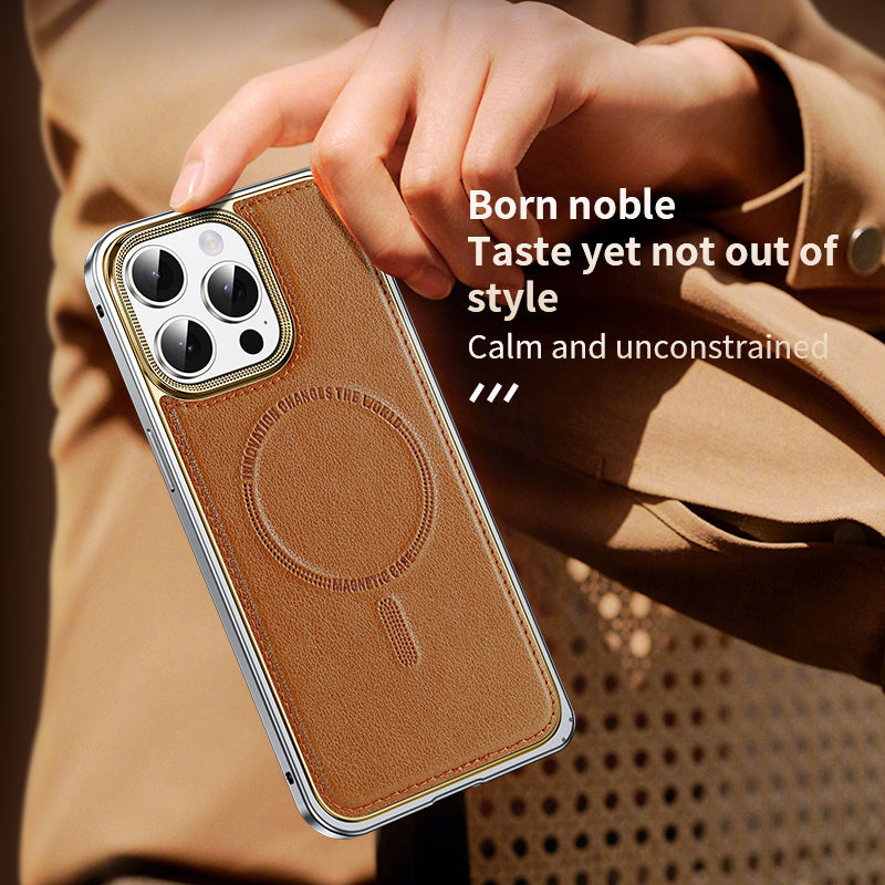 Luxury Leather MagSafe Phone Case Aluminum Alloy Frame with Leather Backplate Shockproof and Stylish Design for iPhone Models