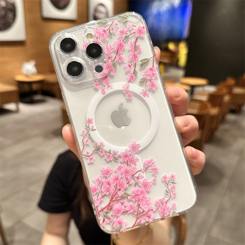 Transparent Floral MagSafe Case - Clear Shockproof Phone Cover with Magnetic Wireless Charging Compatibility Case for iPhone