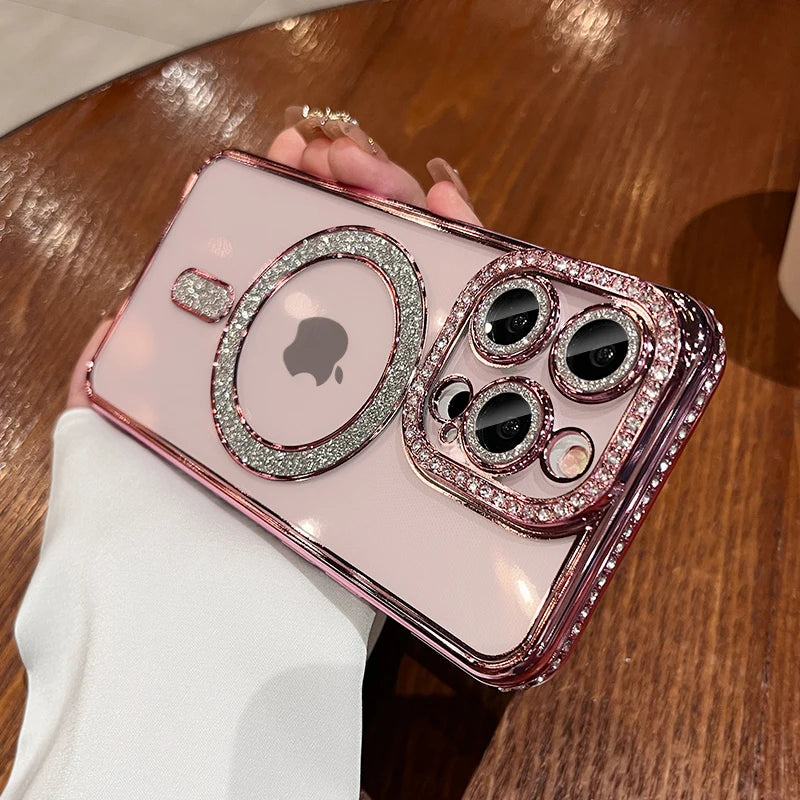 Luxury Bling Glitter Rhinestone iPhone Case - Shockproof Magnetic Wireless Charging Cover, Sparkling Jewelled Design for Women | Case for iPhone