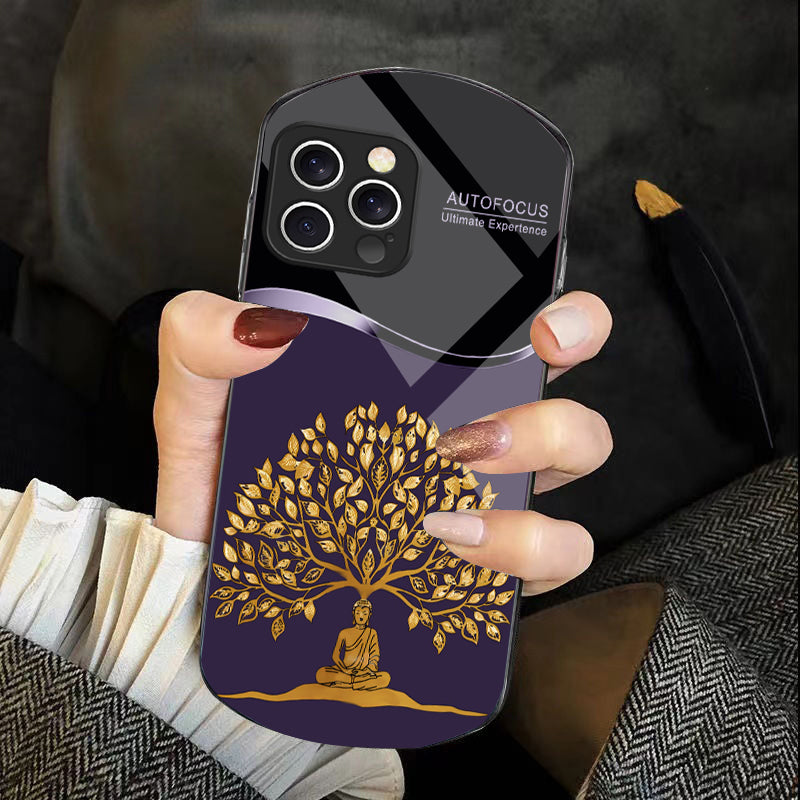 Golden Wealth Tree Phone Case – Elegant Tempered Glass for iPhone Models, Durable Protection, Stylish Elliptical Design