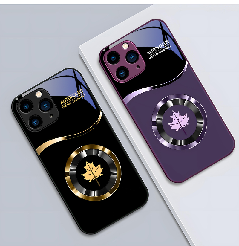 Luxury Circle Maple Leaf Tempered Glass Phone Case – Stunning Rose Purple Design Premium Protection for iPhone Models