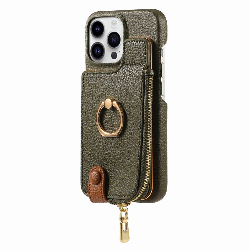 Luxury Leather Zipper Wallet Phone Case – Card Holder, Ring Kickstand, Shockproof Cover for iPhone Models