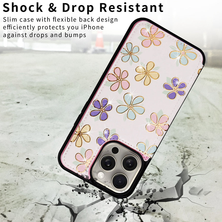 Hot Stamped Floral Wallet Case – Card Slots, Flip Cover, Magnetic Closure, Elegant Leather Design, Shockproof Protection for iPhone