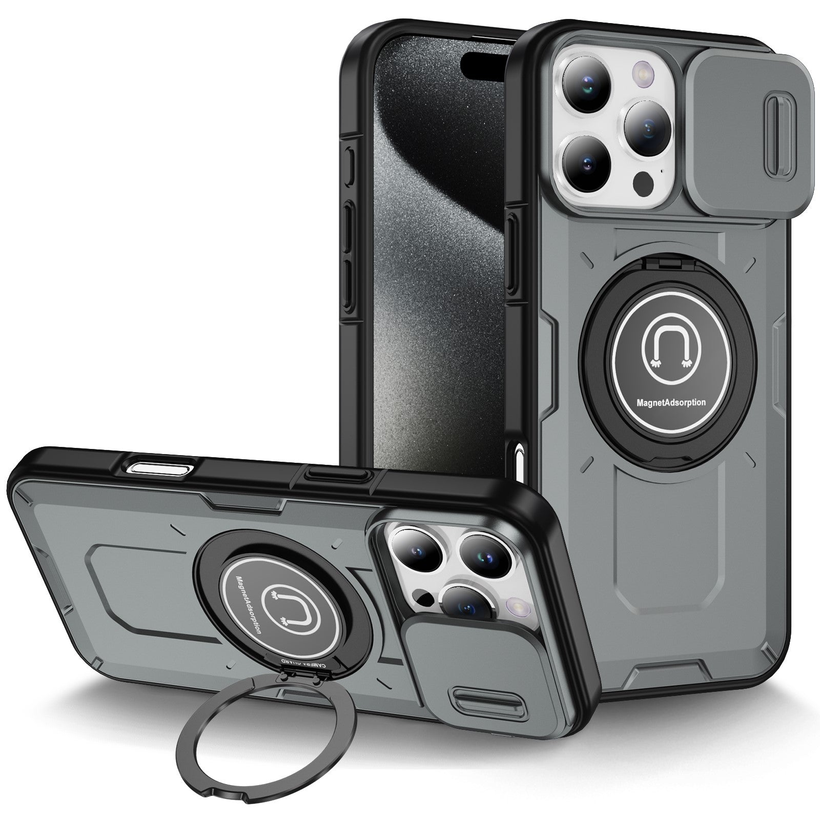 Slide Camera Ring Stand Armor Case – Anti-Fall Protection Kickstand Cover for iPhone Models