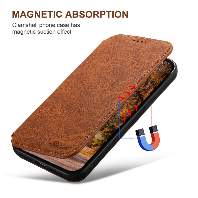 Luxury Leather Magnetic Flip Case – MagSafe Wallet Card Holder, Wireless Charging Compatible, Shockproof Protection, Elegant Design for iPhone Models