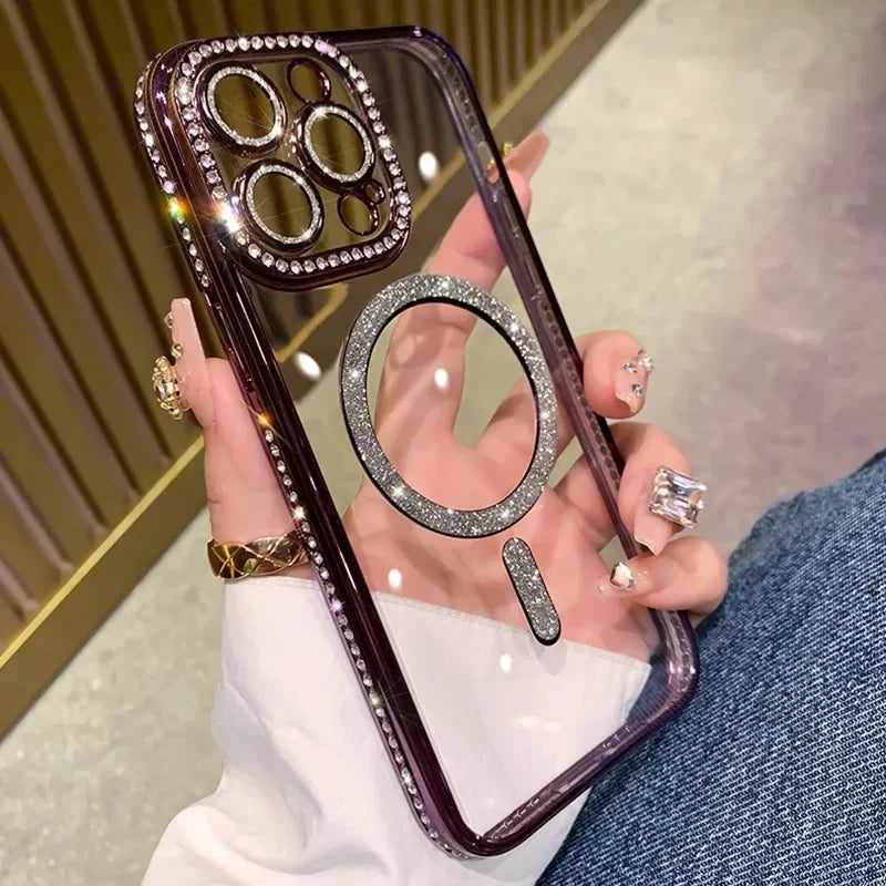 Luxury Bling Glitter Rhinestone Case - Shockproof Magnetic Wireless Charging Cover, Sparkling Jewelled Design for Women | Case for iPhone