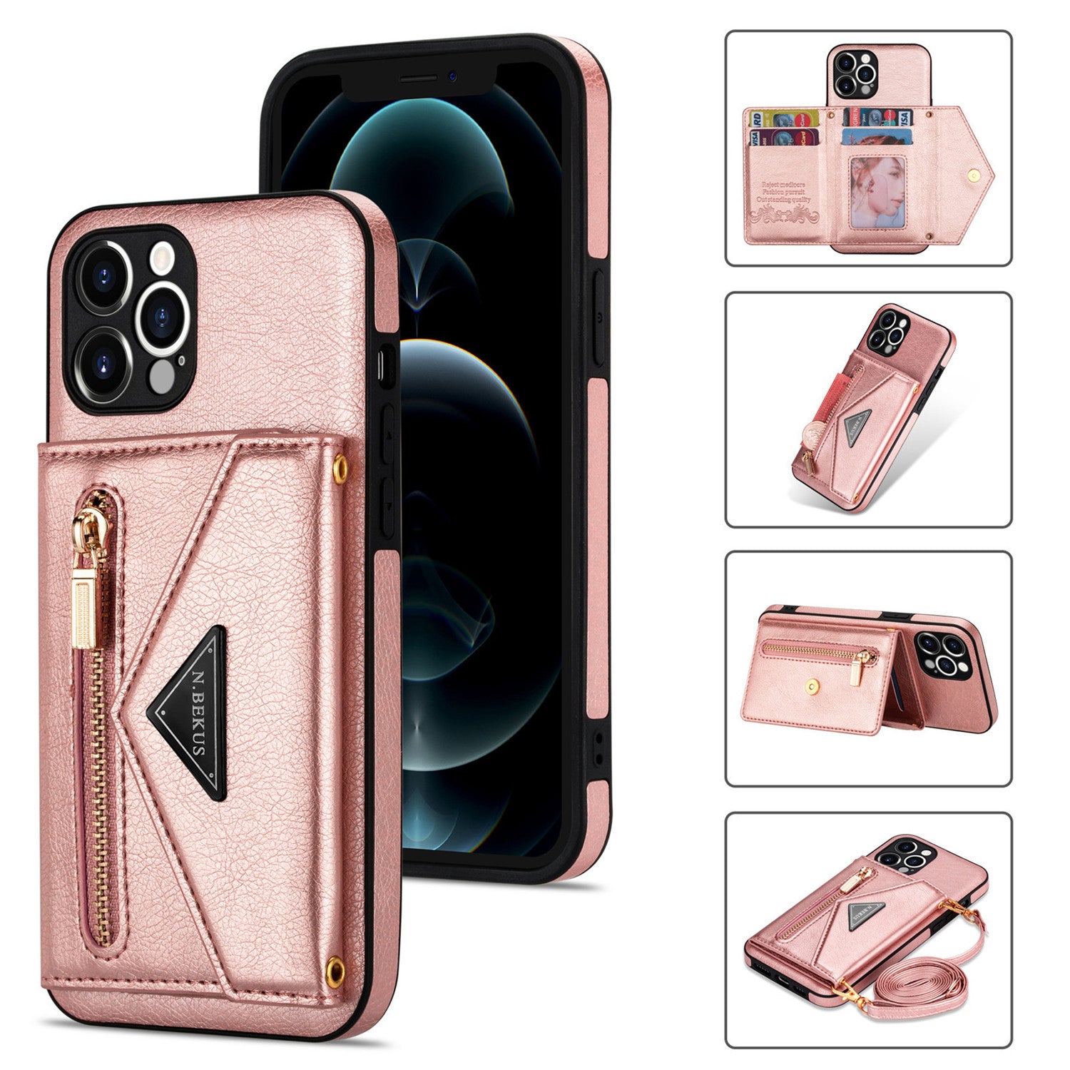 Zipper Wallet Crossbody Leather Case – Card Holder, Lanyard Strap, Secure Storage, Stylish Protection for iPhone Models