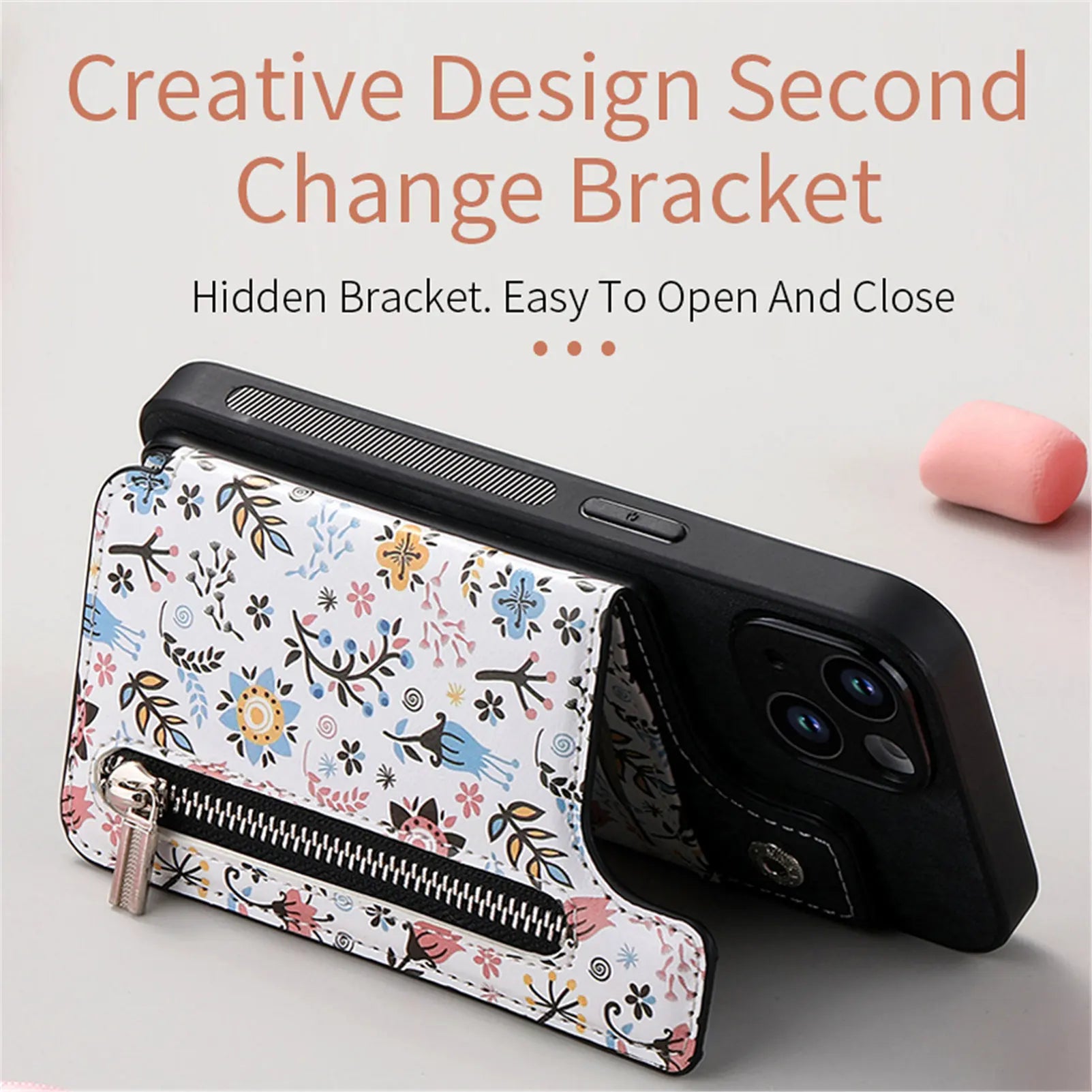 Zipper Card Slot Wallet Case – Magnetic Closure, Purse Pocket, Floral Design, Shockproof Protective Cover for iPhone