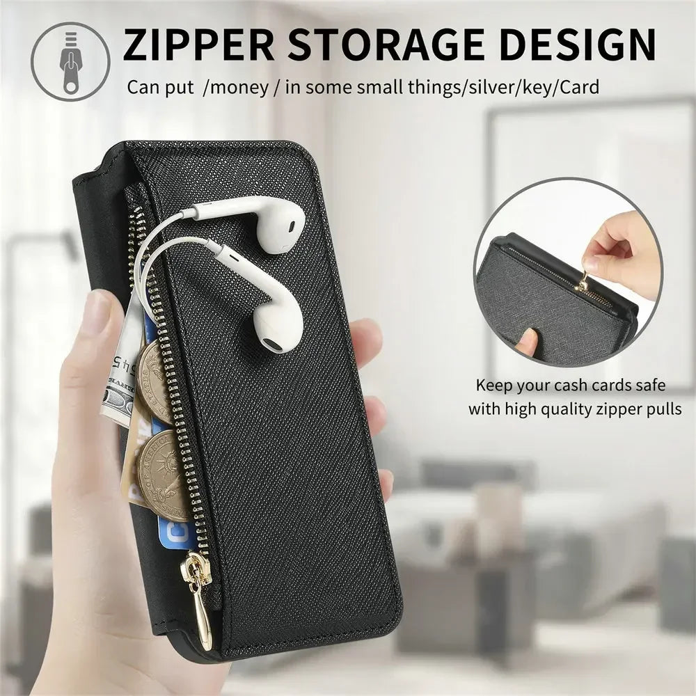 Premium 2-in-1 Magnetic Wallet Case – Zipper Leather Bag, Card Slot, Wireless Charging Compatible, Shockproof Protection for iPhone