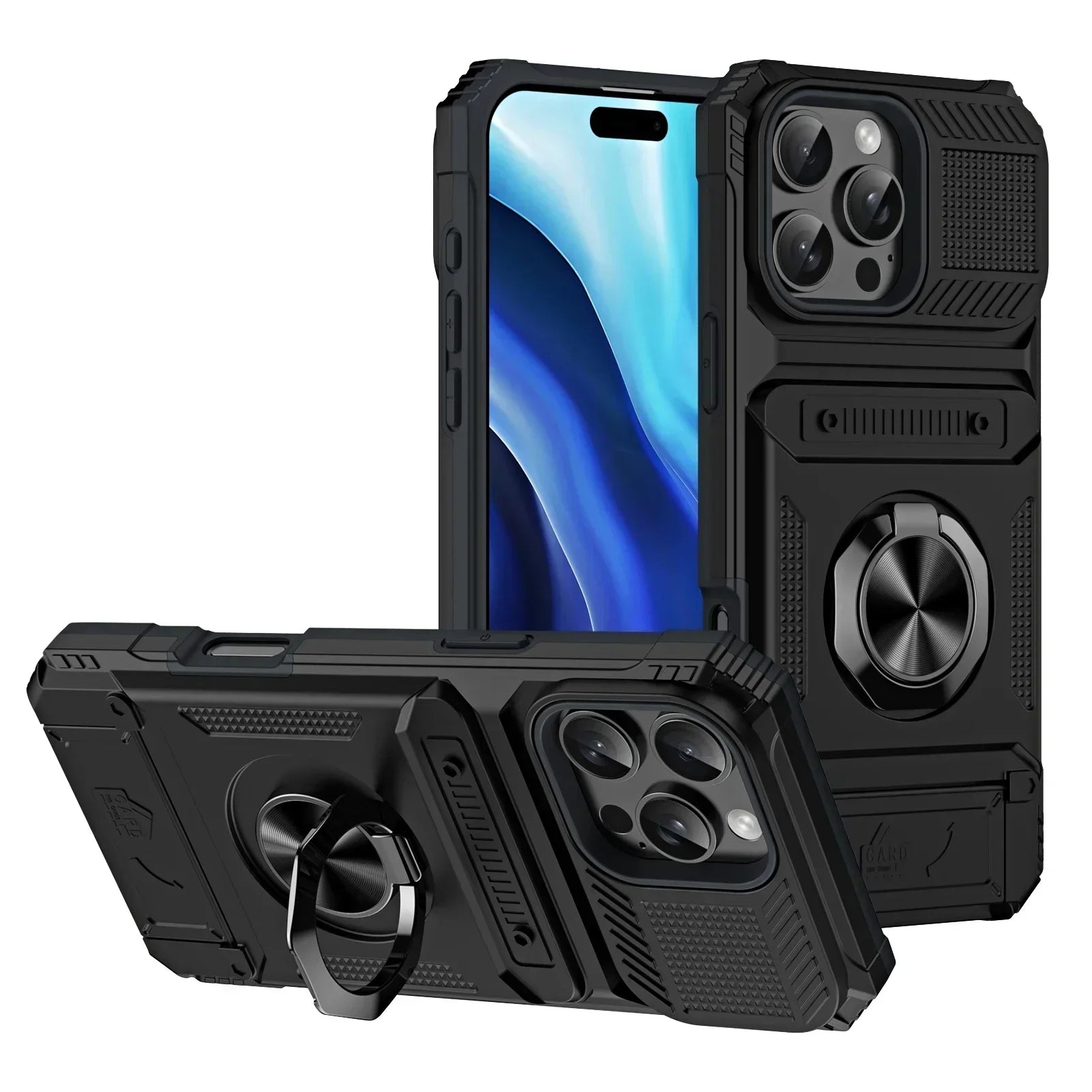 Magnetic Card Holder Case – Rotating Ring Kickstand, Heavy-Duty Shockproof Wallet Cover for iPhone Models