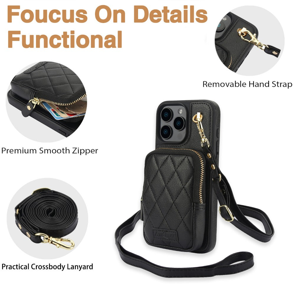 Luxury Crossbody Lanyard Phone Case – Zipper Wallet Leather Cover with Card Holder, Shoulder Strap, and Full Protection for iPhone Models