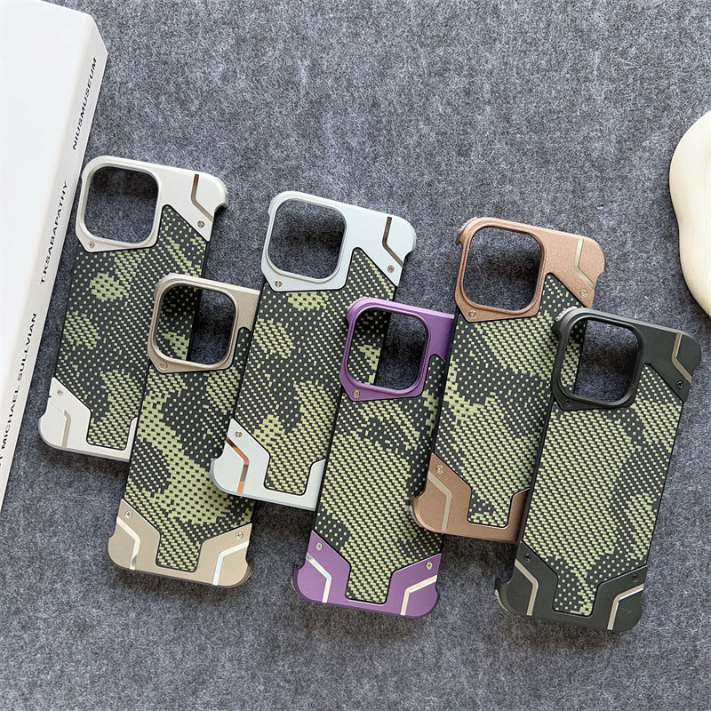 Camouflage Metal Armor Case Frameless Real Carbon Fiber Cover with Built-In Magnet for iPhone Models, Durable and  Protection