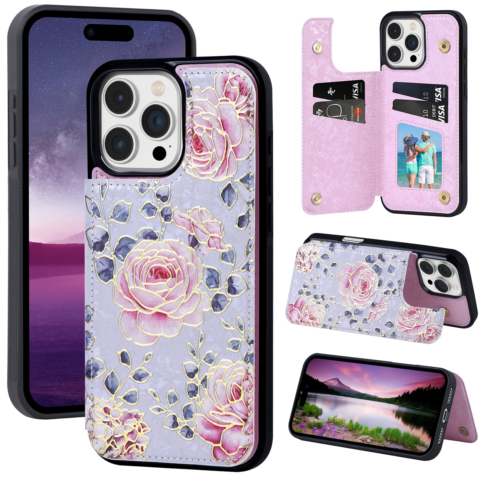 Hot Stamped Floral Wallet Case – Card Slots, Flip Cover, Magnetic Closure, Elegant Leather Design, Shockproof Protection for iPhone