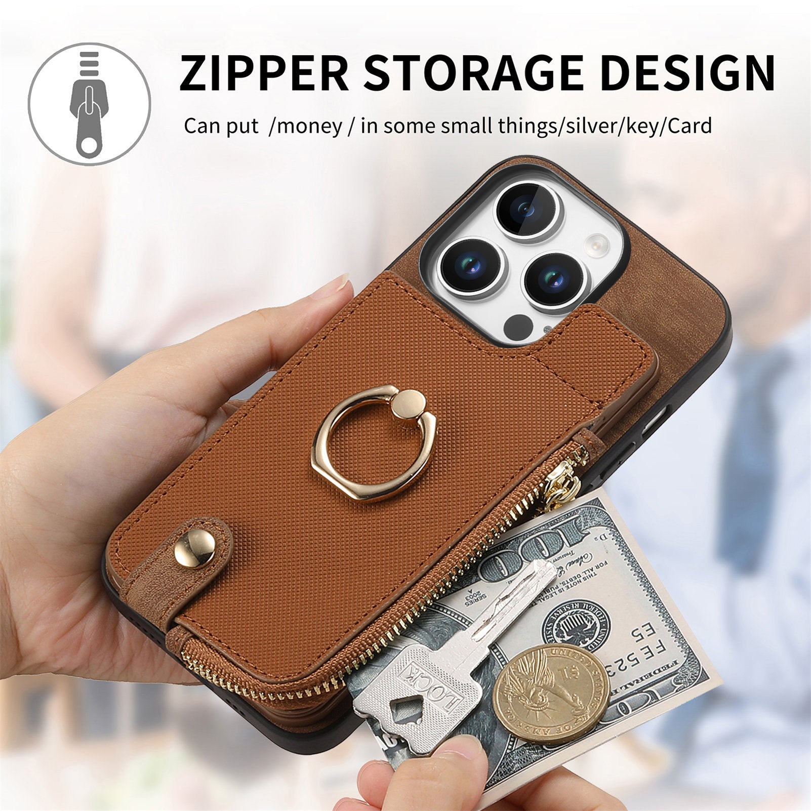 Luxury Zipper Wallet Leather iPhone Case – Card Holder, Ring Kickstand, Shockproof Protection, and Stylish Crossbody Design for Secure & Convenient Use