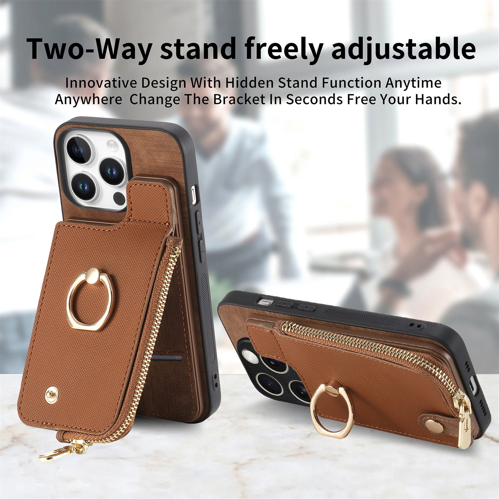 Luxury Zipper Wallet Leather iPhone Case – Card Holder, Ring Kickstand, Shockproof Protection, and Stylish Crossbody Design for Secure & Convenient Use