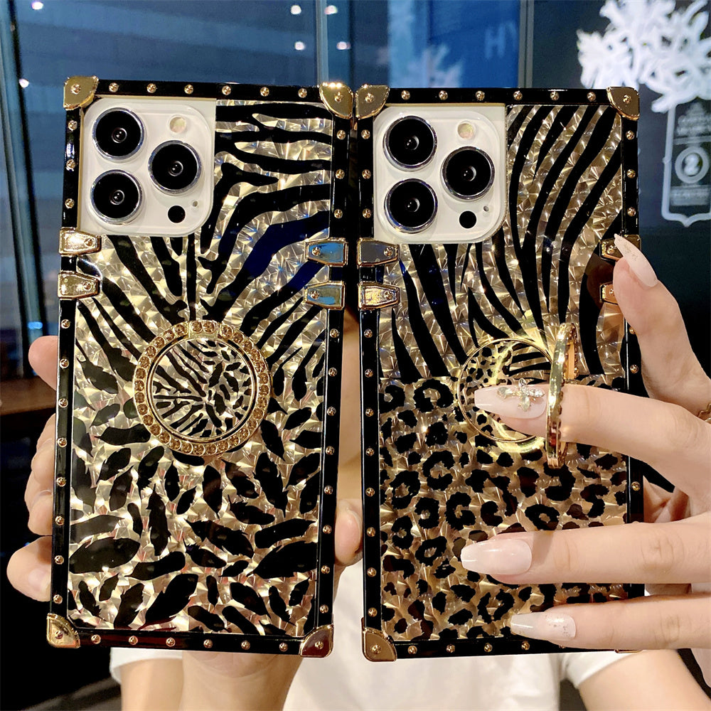 Luxury Leopard Gold Plating Phone Case Glitter Diamond Ring Stand for iPhone Models Stylish Design Durable & Functional Funda