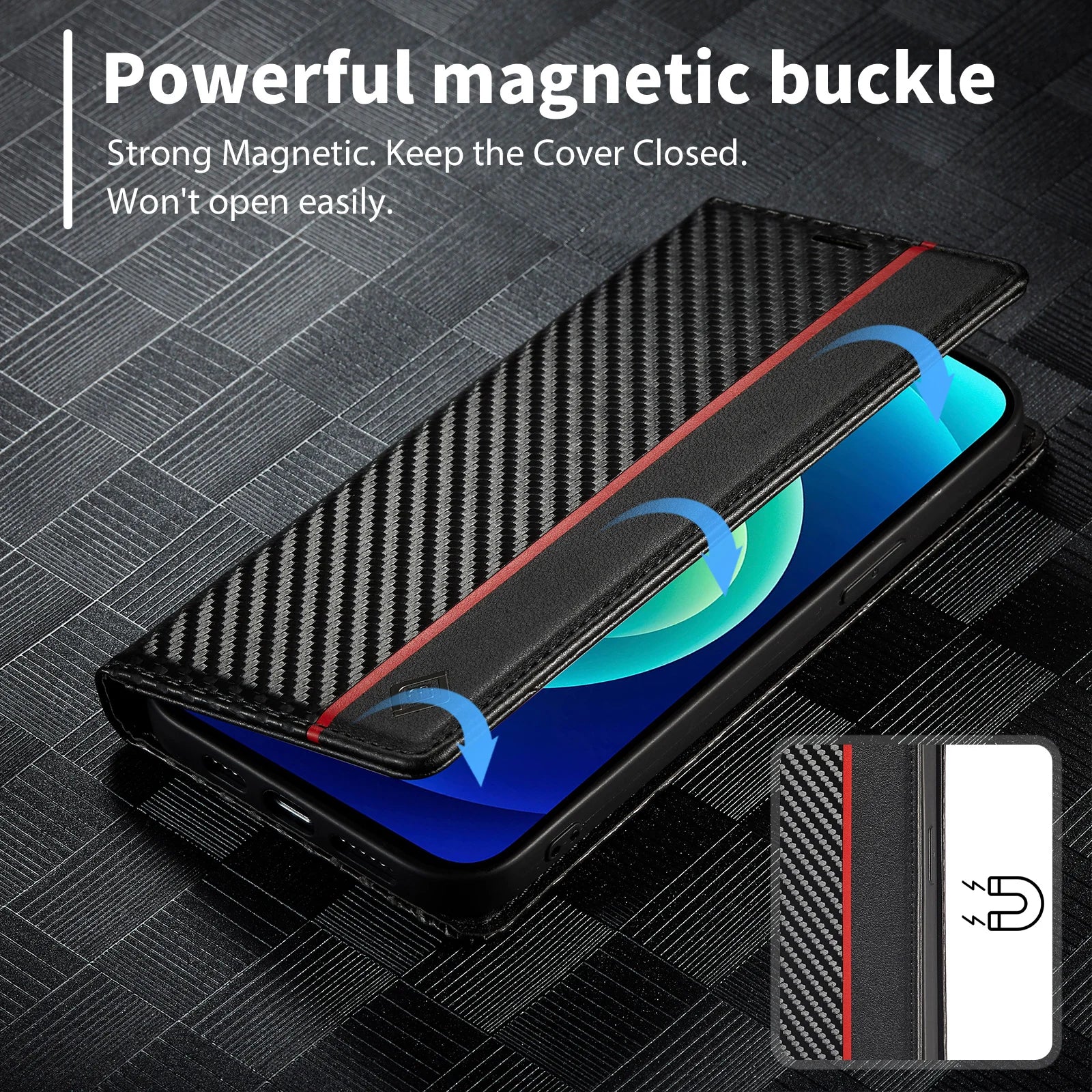 Luxury Carbon Fiber Leather Wallet iPhone Case – Magnetic Flip Cover, Card Holder, Shockproof Protection, Stylish & Durable for iPhone