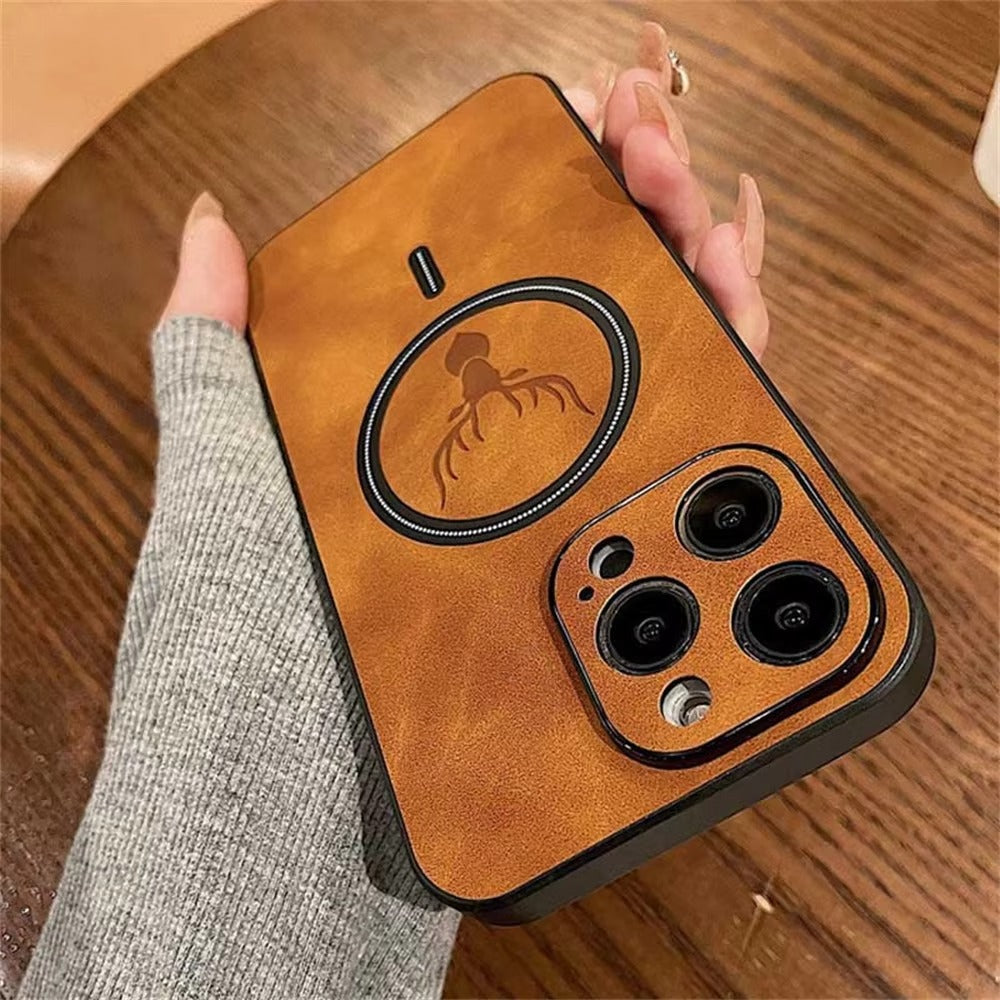 Luxury PU Leather MagSafe iPhone Case – Deer Embossed Design, Wireless Charging, Stylish & Durable Full Protection Cover | Case for iPhone