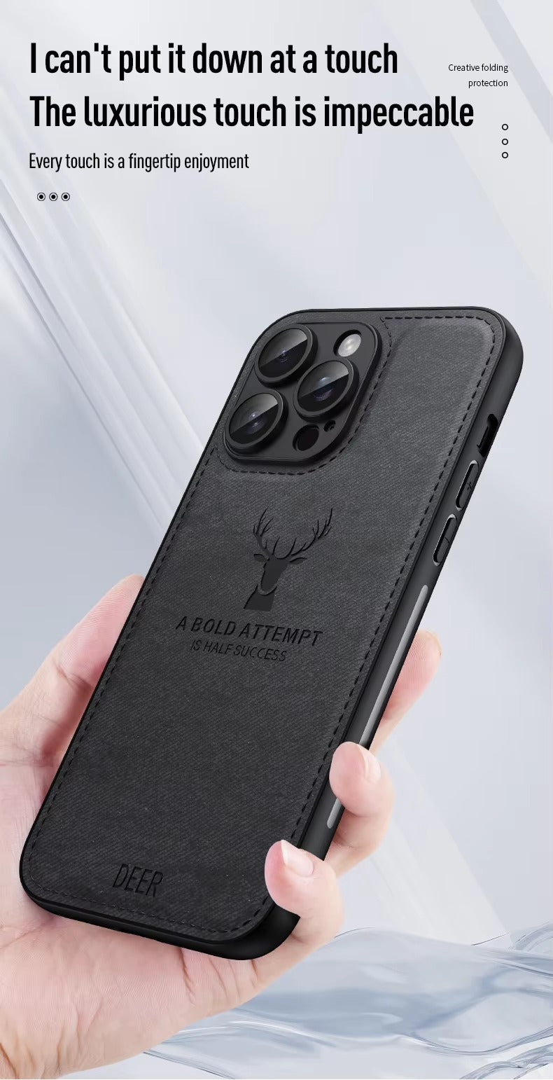 Luxury Cloth Leather Texture iPhone Case – Deer Head Pattern, Shockproof, Soft & Durable Protection, Stylish Design for Daily Use | Case for iPhone