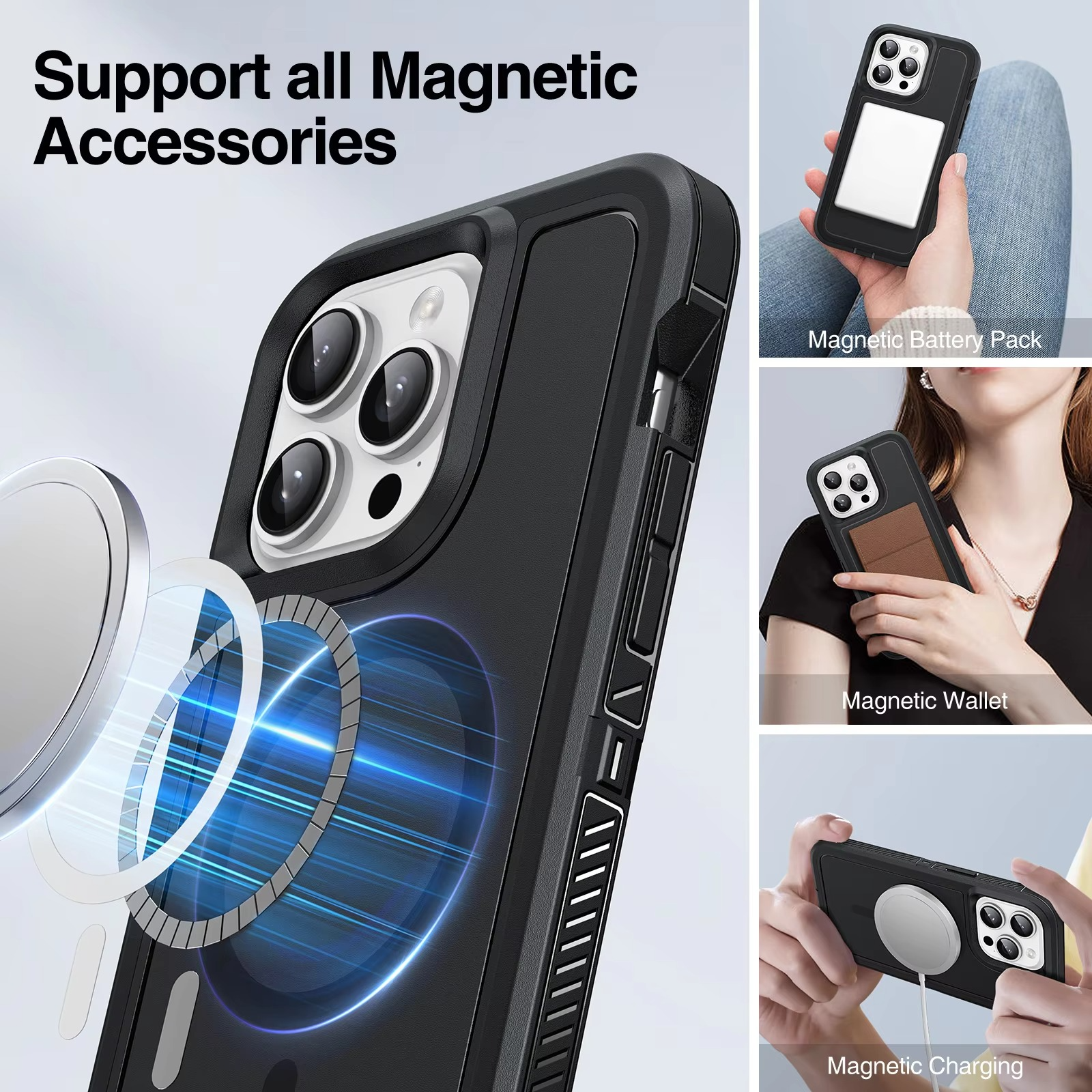 Premium Apple iPhone Hülle, MagSafe-kompatibel, Kameraobjektiv- und Bildschirmschutz, ultra dünn, stoßfest, magnetisch, vollständiger Rundumschutz, robuste Standhülle