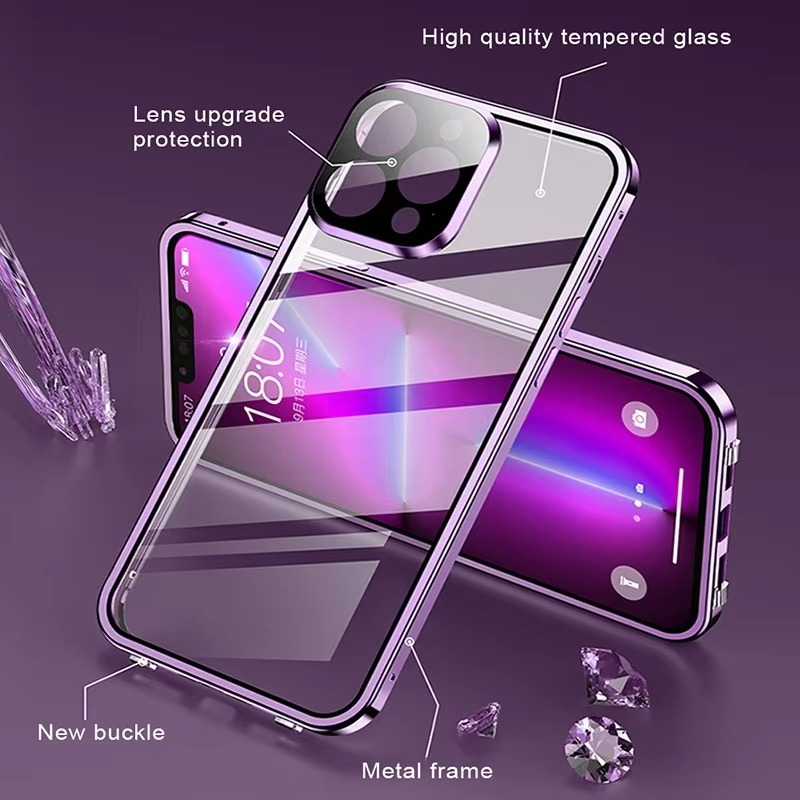 Premium Apple iPhone Hülle, MagSafe-kompatibel, Kameraobjektiv- und Bildschirmschutz, ultra dünn, stoßfest, magnetisch, vollständiger Rundumschutz, vollständige Metall-Schutzhülle