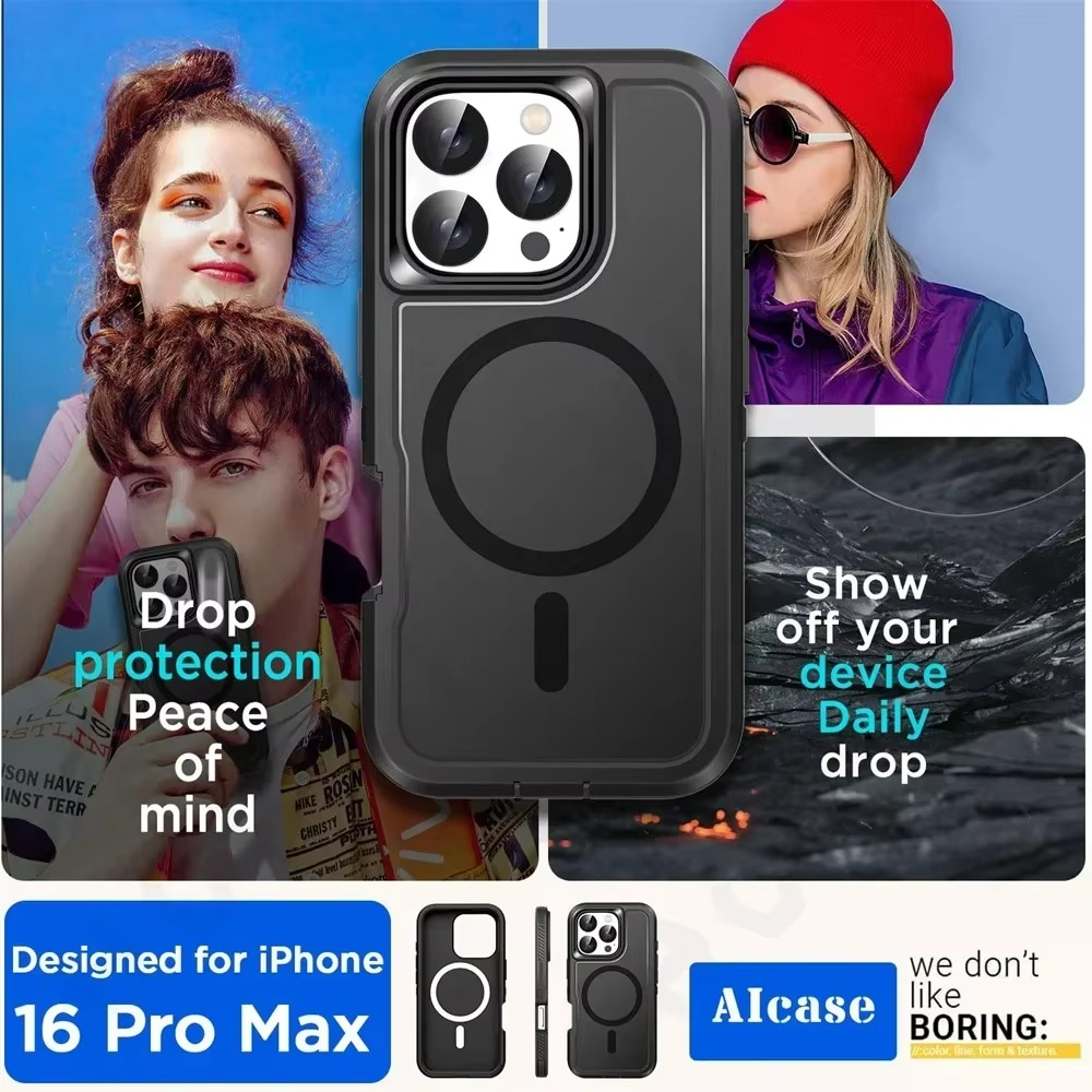 Premium Apple iPhone Hülle, MagSafe-kompatibel, Kameraobjektiv- und Bildschirmschutz, ultra dünn, stoßfest, magnetisch, vollständiger Rundumschutz, robuste Standhülle