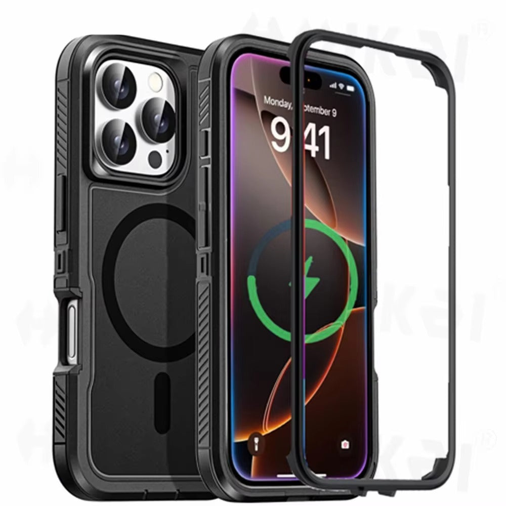 Premium Apple iPhone Hülle, MagSafe-kompatibel, Kameraobjektiv- und Bildschirmschutz, ultra dünn, stoßfest, magnetisch, vollständiger Rundumschutz, robuste Standhülle