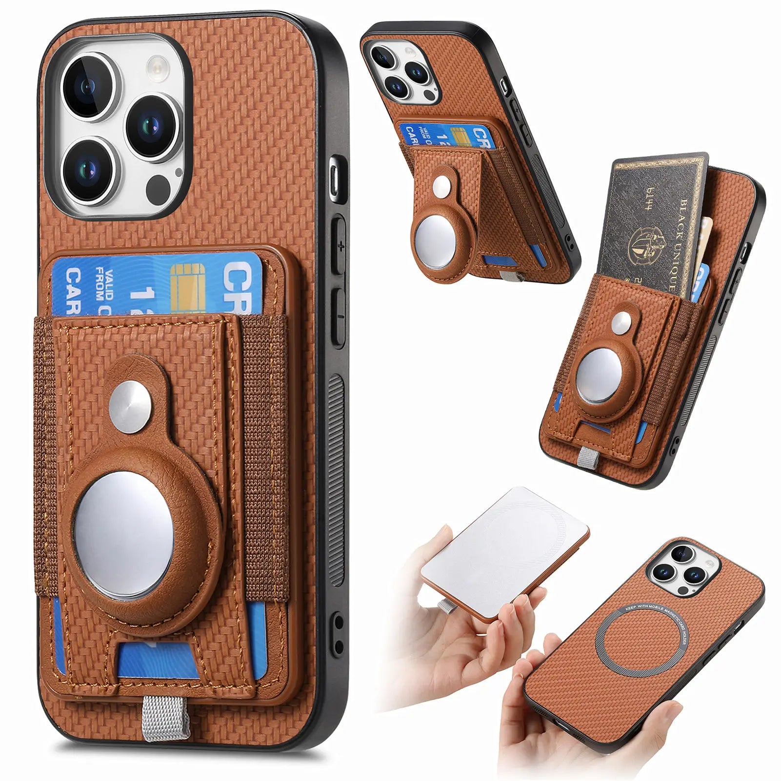 Luxury 2-in-1 Detachable Wallet Case for iPhone Magnetic Card Slot, Airtag Holder, Wireless Charging Stand Premium Protection