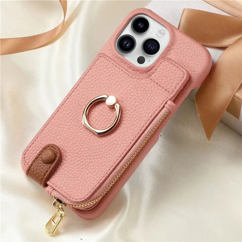 Luxury Leather Zipper Wallet Phone Case – Card Holder, Ring Kickstand, Shockproof Cover for iPhone Models