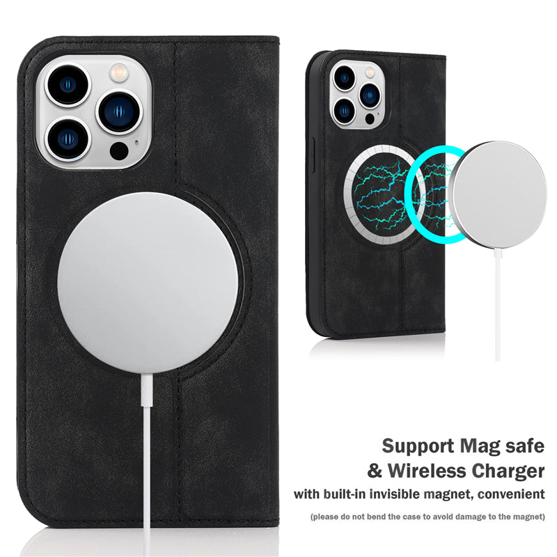 Luxury Magnetic Leather Wallet Case – MagSafe Wireless Charging, Card Slot, Stand Feature, Premium Protection, Stylish & Durable Cover