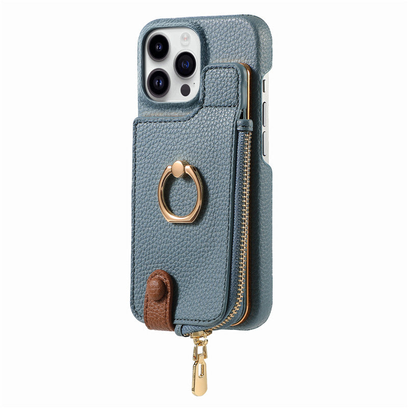 Luxury Leather Zipper Wallet Phone Case – Card Holder, Ring Kickstand, Shockproof Cover for iPhone Models