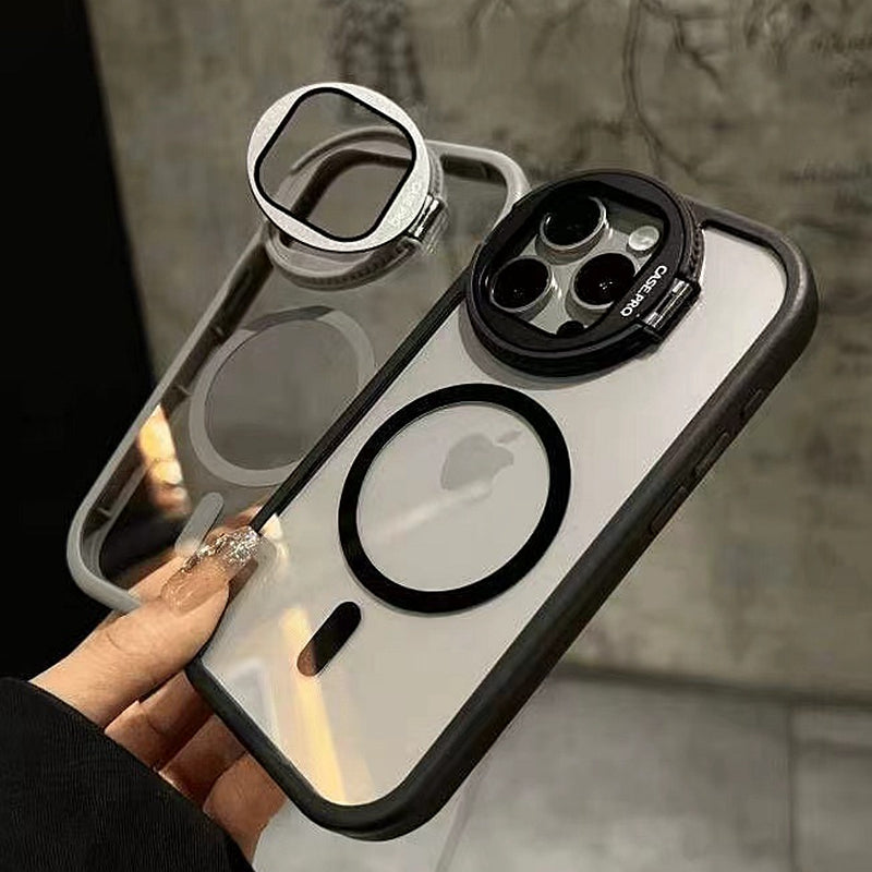 Luxury Glass Camera Stand Case - Transparent Magnetic Acrylic Cover, Wireless Charging Compatible, Durable Protection | Case for iPhone