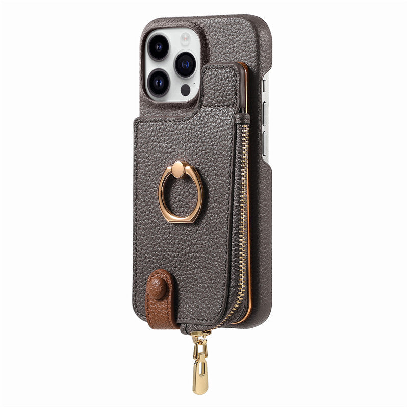 Luxury Leather Zipper Wallet Phone Case – Card Holder, Ring Kickstand, Shockproof Cover for iPhone Models