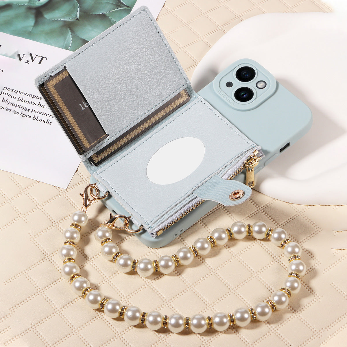 Luxury Stylish Mirror Zipper and Pearl Cord Phone Case for iPhone – Fall-Proof Faux Leather, Crossbody Purse for iPhone