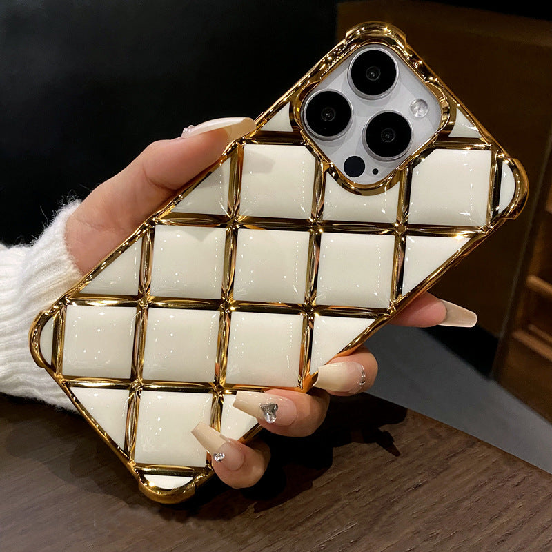 Luxury Plating Diamond Lattice Grid Shockproof Phone Case Gold Plated Cover for iPhone Models, Elegant & Durable Protection