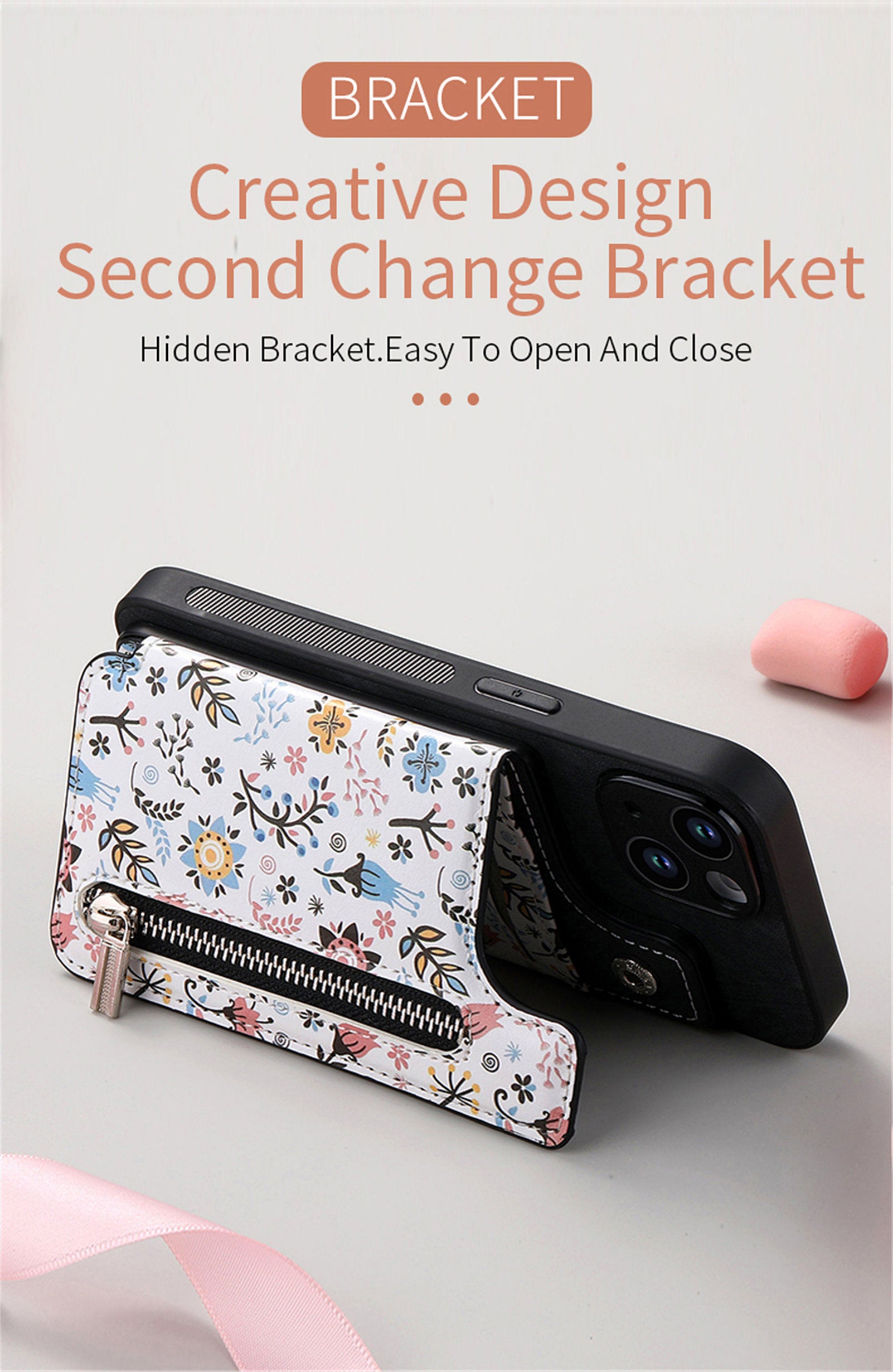 Zipper Card Slot Wallet Case – Magnetic Closure, Purse Pocket, Floral Design, Shockproof Protective Cover for iPhone