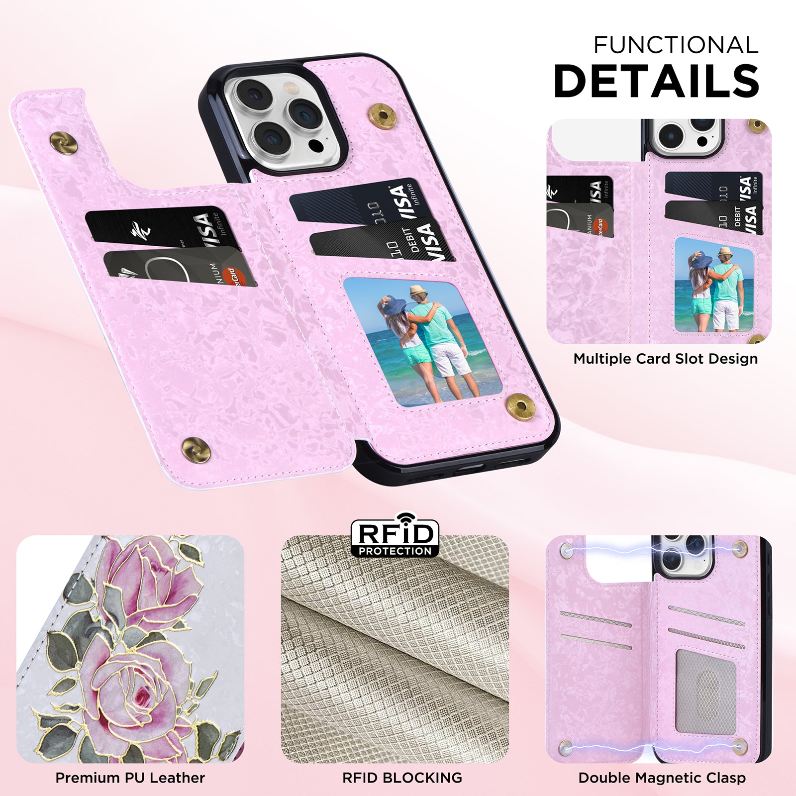 Hot Stamped Floral Wallet Case – Card Slots, Flip Cover, Magnetic Closure, Elegant Leather Design, Shockproof Protection for iPhone